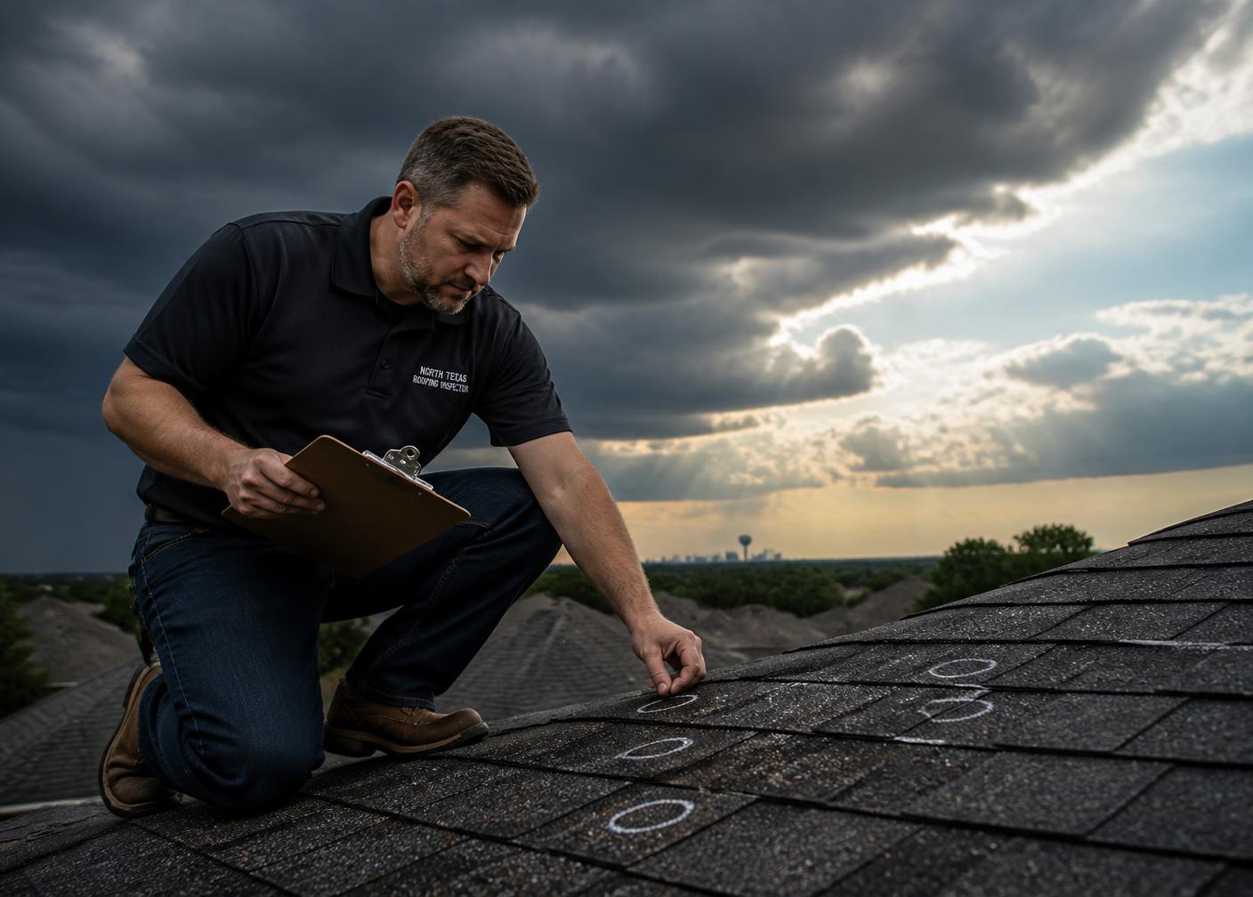 Roofing professional inspecting hail damage on a North Texas roof under storm clouds