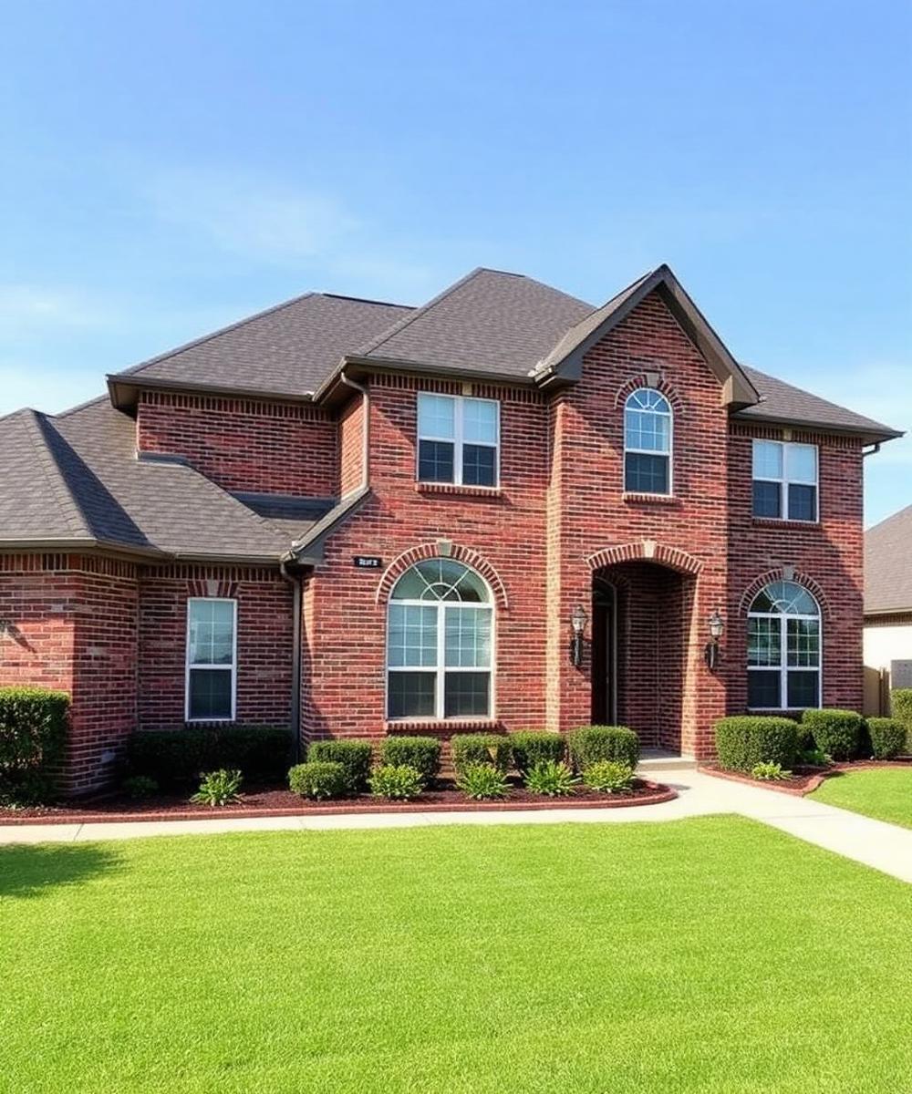 Completed roof replacement on a two-story brick home in Dallas, Texas